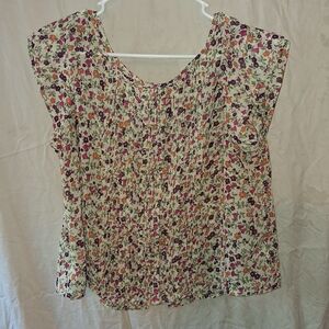dELiA*s Cream Floral Pleated Cap-Sleeve Blouse with Pink & Orange Flowers